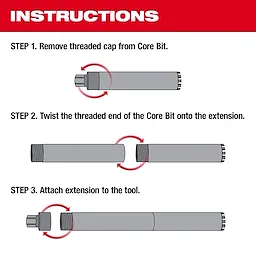 Diamond Premium Wet Core Bit Extensions Instructions. Instructional diagram showing steps to attach the extension to a core bit and tool.