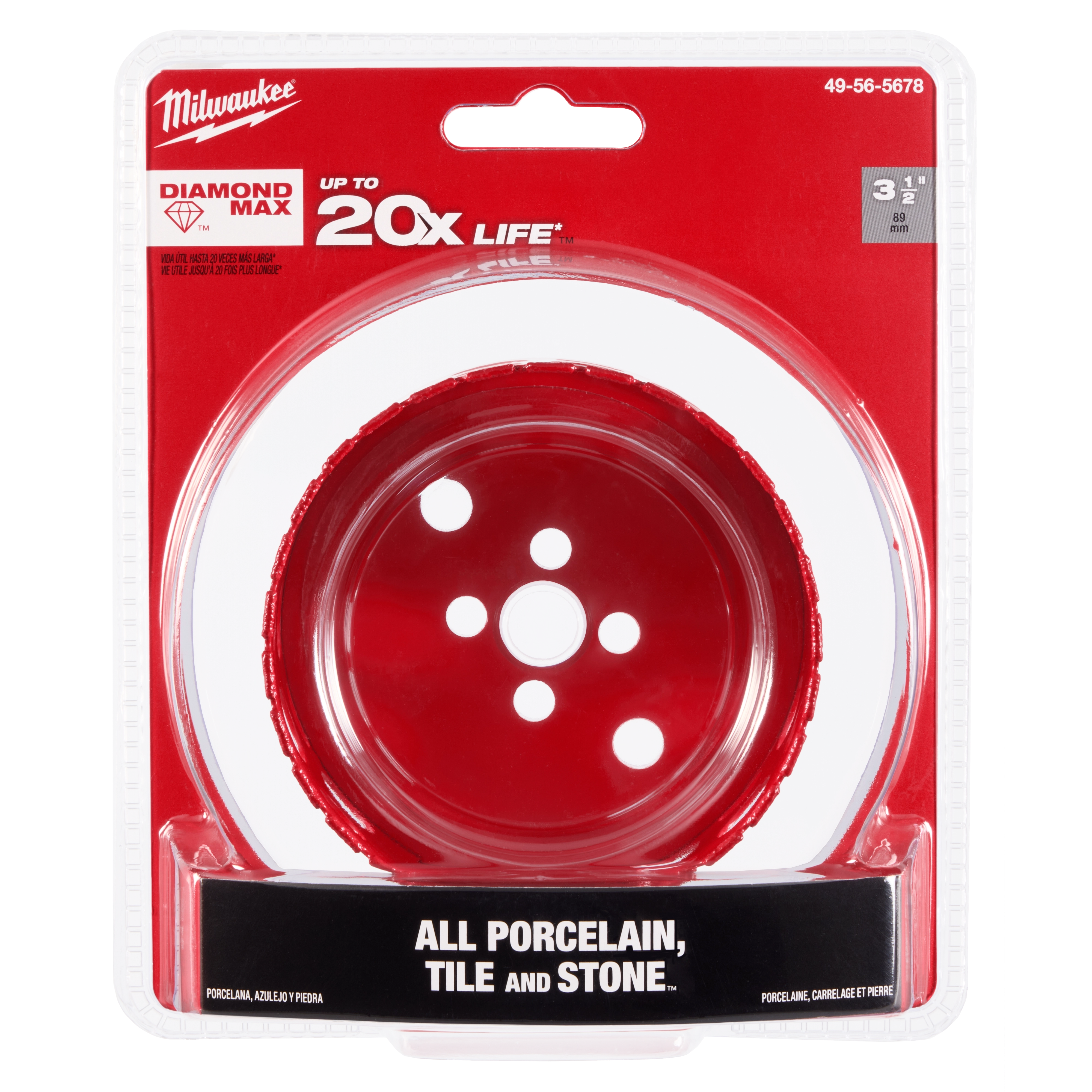 Milwaukee 3-1/2" Diamond Max Hole Saw in red packaging, designed for cutting porcelain, tile, and stone.