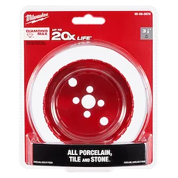 Milwaukee 3-1/2" Diamond Max Hole Saw in red packaging, designed for cutting porcelain, tile, and stone.