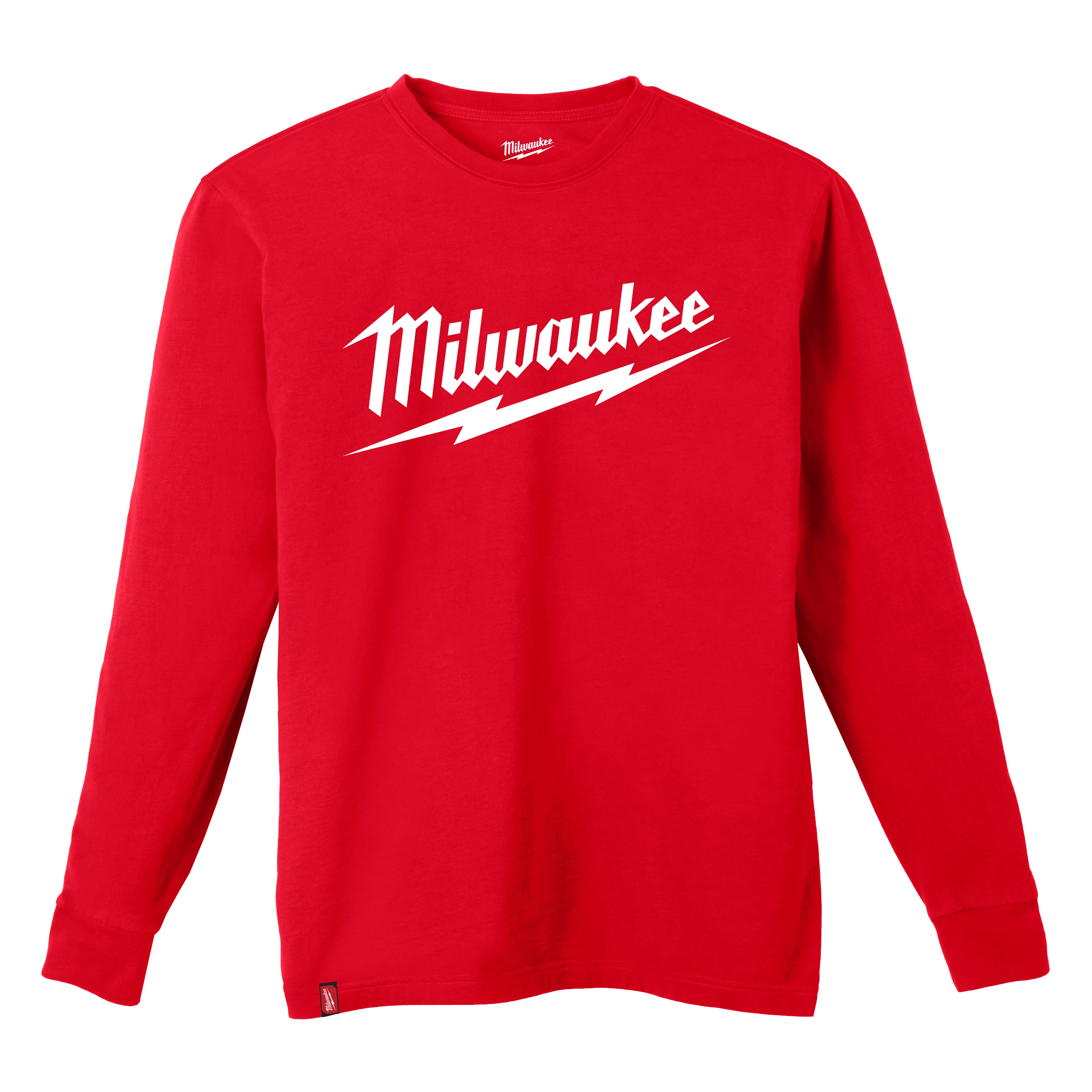 Red HEAVY DUTY T-SHIRT Long-Sleeve featuring the word "Milwaukee" in white with a lightning bolt design underneath.