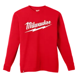 Red HEAVY DUTY T-SHIRT Long-Sleeve featuring the word "Milwaukee" in white with a lightning bolt design underneath.