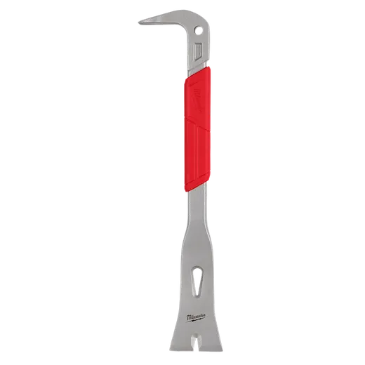 Milwaukee 16" Molding Puller with gray metal body and a red grip. The tool features a hooked end with a small hole, opposite a flat end with a slot. Designed for removing molding and trim.
