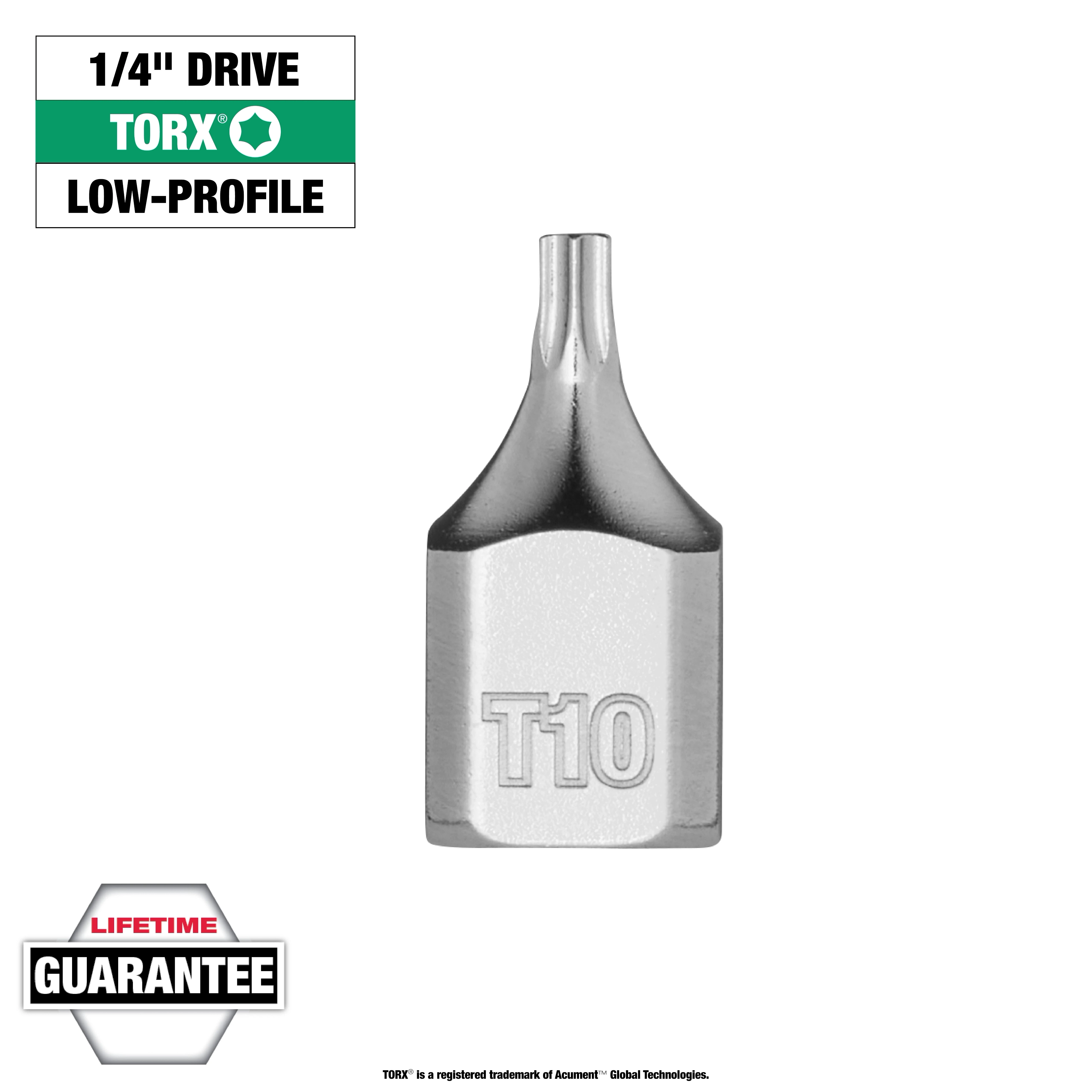 1/4" Drive T10 Low-Profile TORX Bit Socket, stainless steel, with "T10" engraved, featuring a compact design and lifetime guarantee.