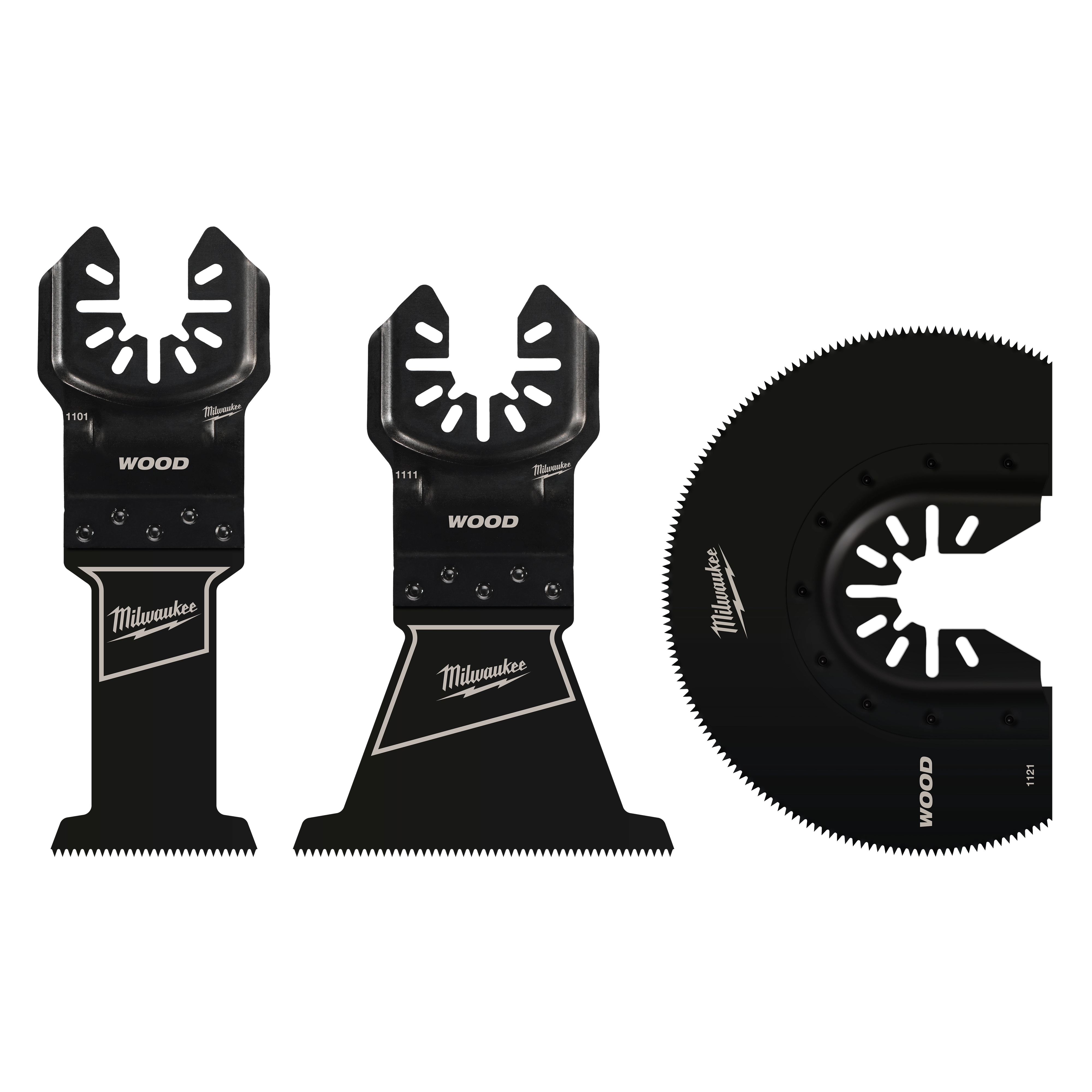 The image shows the OPEN-LOK 3PC Wood Cutting Multi-Tool Blade Variety Pack, featuring three specialized cutting blades for wood.