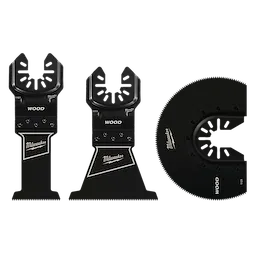 The image shows the OPEN-LOK 3PC Wood Cutting Multi-Tool Blade Variety Pack, featuring three specialized cutting blades for wood.