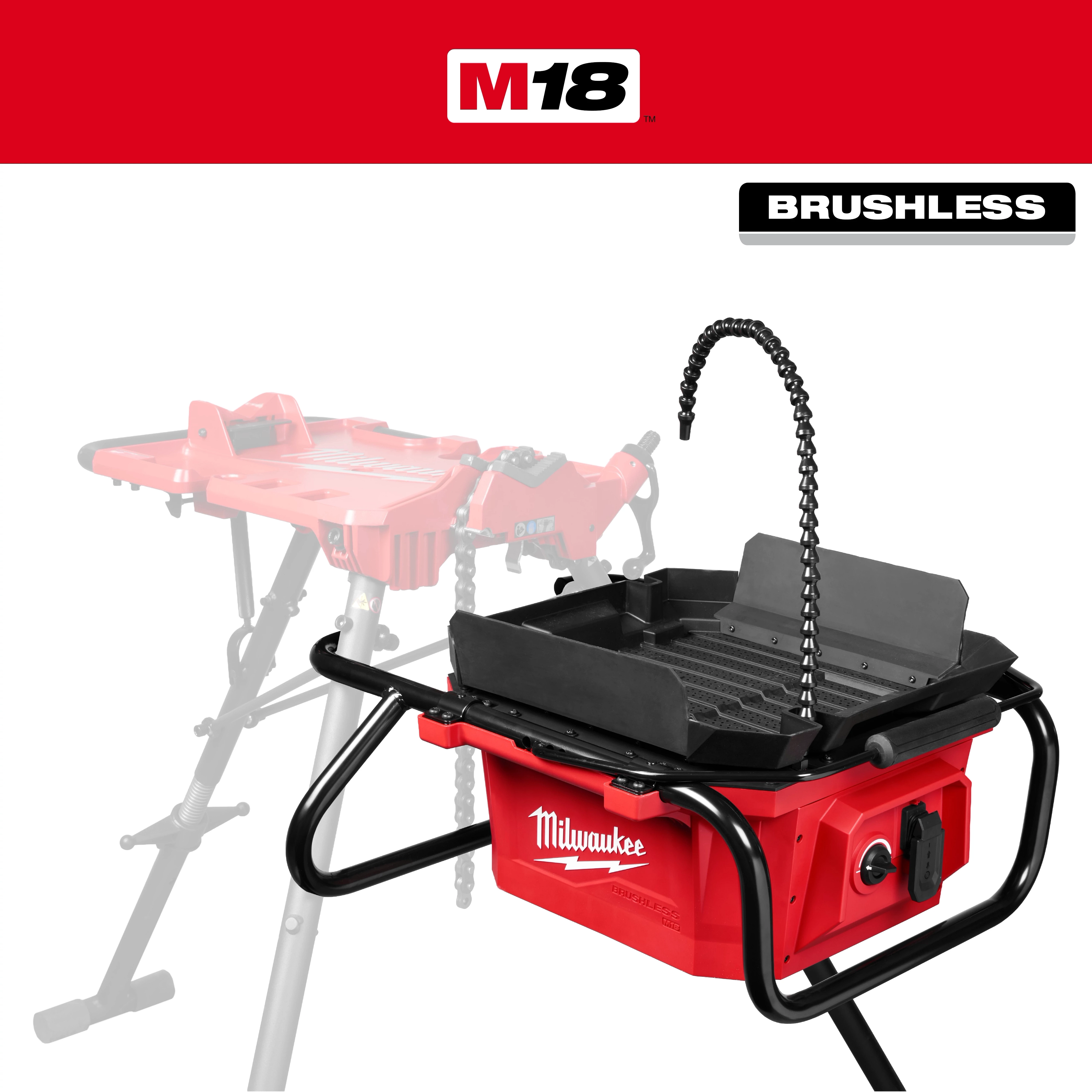 M18 Brushless Pipe Threading Oiler unit with tray, flexible spout, and support frame on a white and red background.