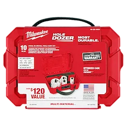 Red Milwaukee Hole Dozer case containing a 10-piece HVAC bi-metal hole saw kit. Features include over $120 value, most durable, and made in the USA with a lifetime tooth break warranty. The case is optimized to fit in a PACKOUT system and includes saws and drill bits.