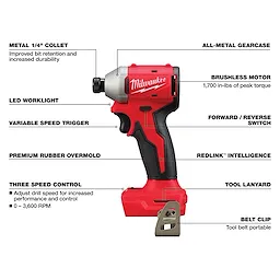The M18 4-Tool Combo Kit includes a powerful impact driver with a brushless motor, all-metal gearcase, metal 1/4" collet, variable speed trigger, premium rubber overmold, LED work light, three speed control, forward/reverse switch, REDLINK intelligence, tool lanyard, and belt clip.