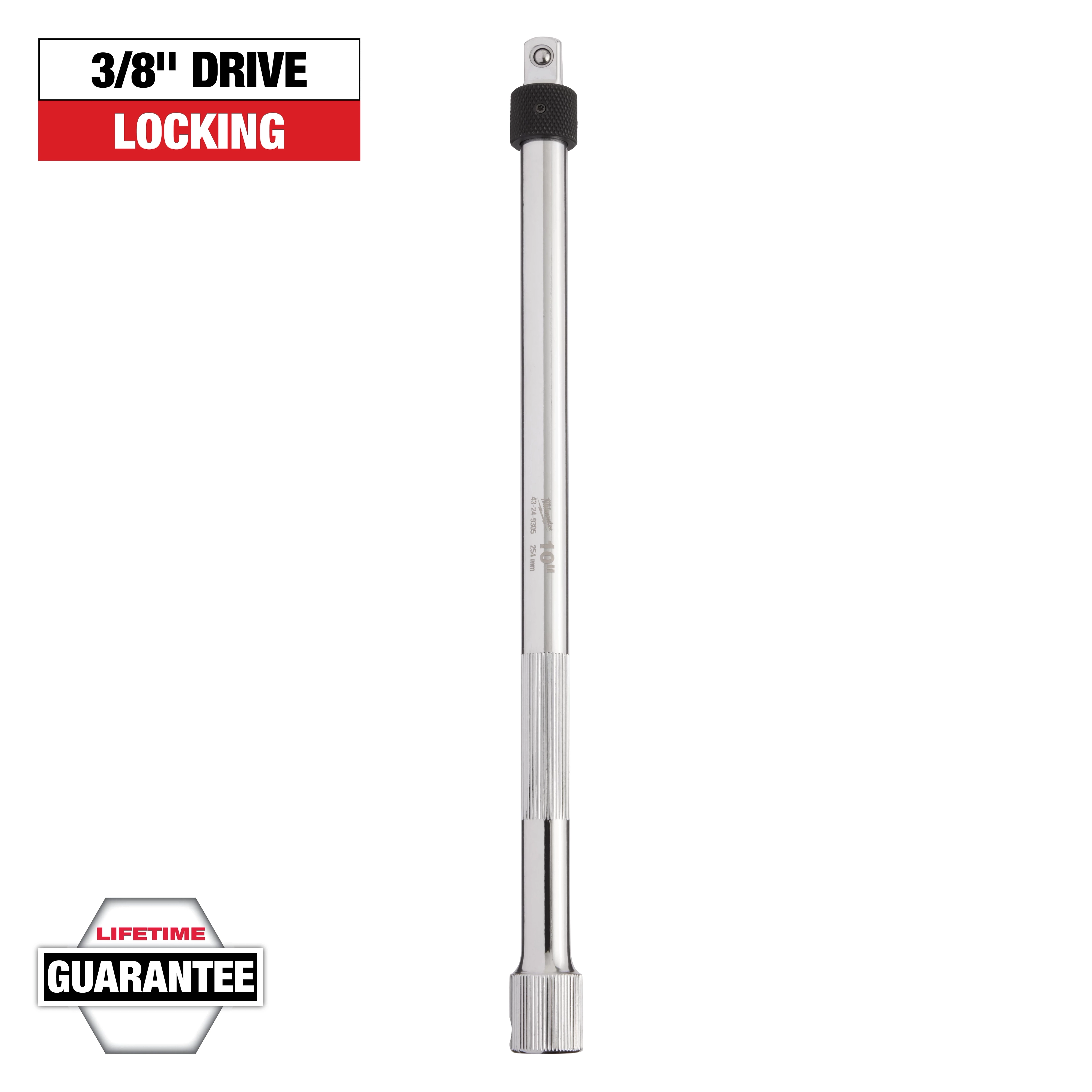 This image shows a 3/8-inch drive locking extension bar. The text at the top reads "3/8'' DRIVE LOCKING" and a label at the bottom reads "LIFETIME GUARANTEE." The bar has a knurled grip section for better handling.