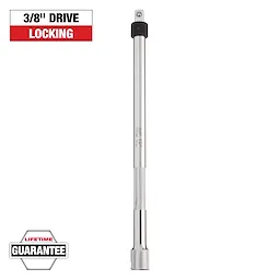This image shows a 3/8-inch drive locking extension bar. The text at the top reads "3/8'' DRIVE LOCKING" and a label at the bottom reads "LIFETIME GUARANTEE." The bar has a knurled grip section for better handling.