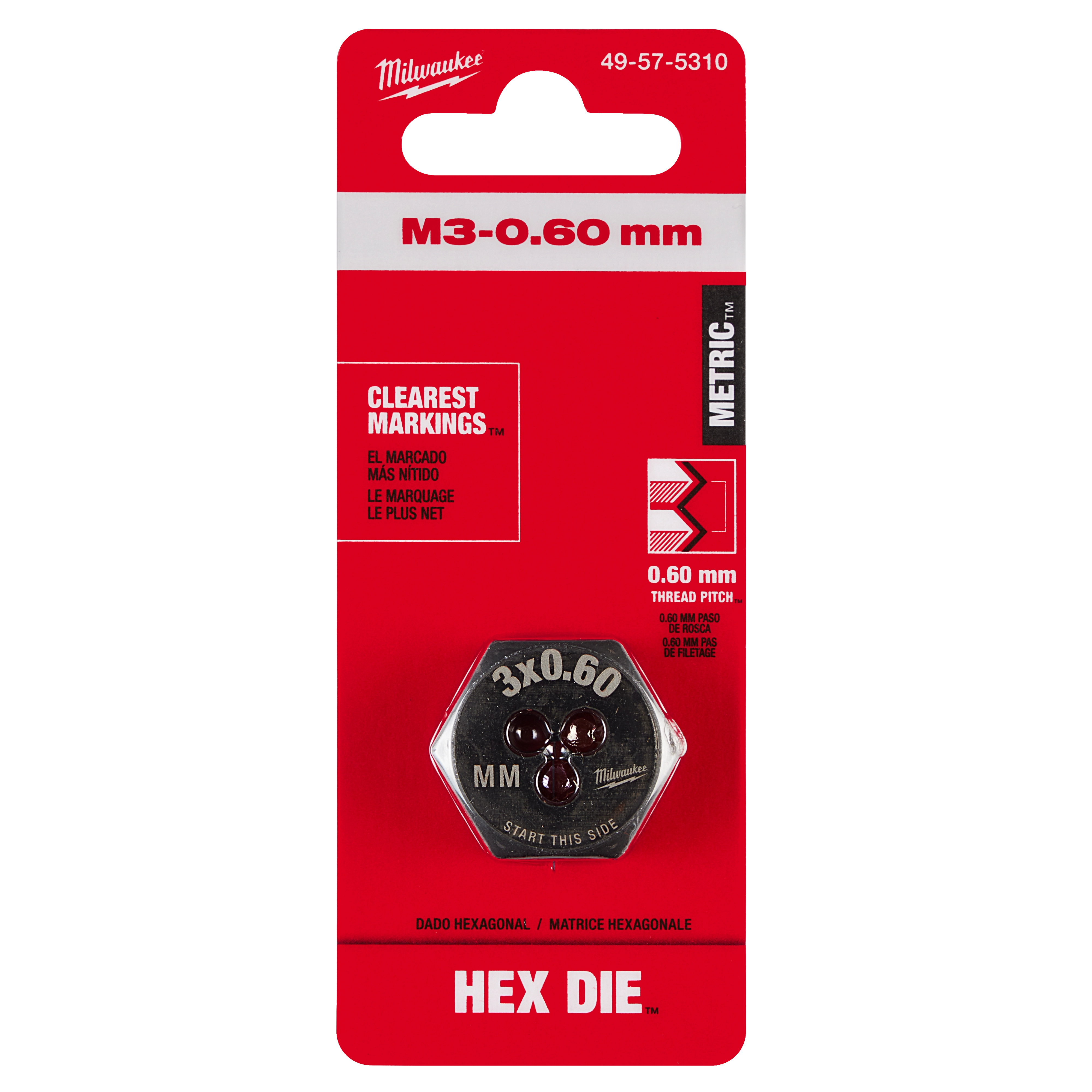 Red packaging containing an M3-0.60 mm 1-Inch Hex Threading Die marked with clear labels, thread pitch, and product code 49-57-5310.