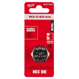 Red packaging containing an M3-0.60 mm 1-Inch Hex Threading Die marked with clear labels, thread pitch, and product code 49-57-5310.