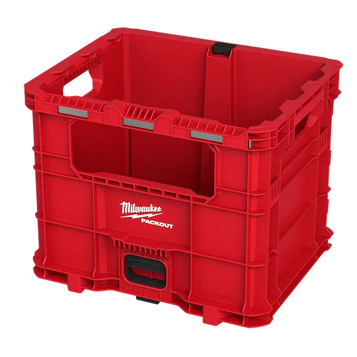 Red PACKOUT XL Crate with durable construction and black handle, featuring the Milwaukee logo on the front.