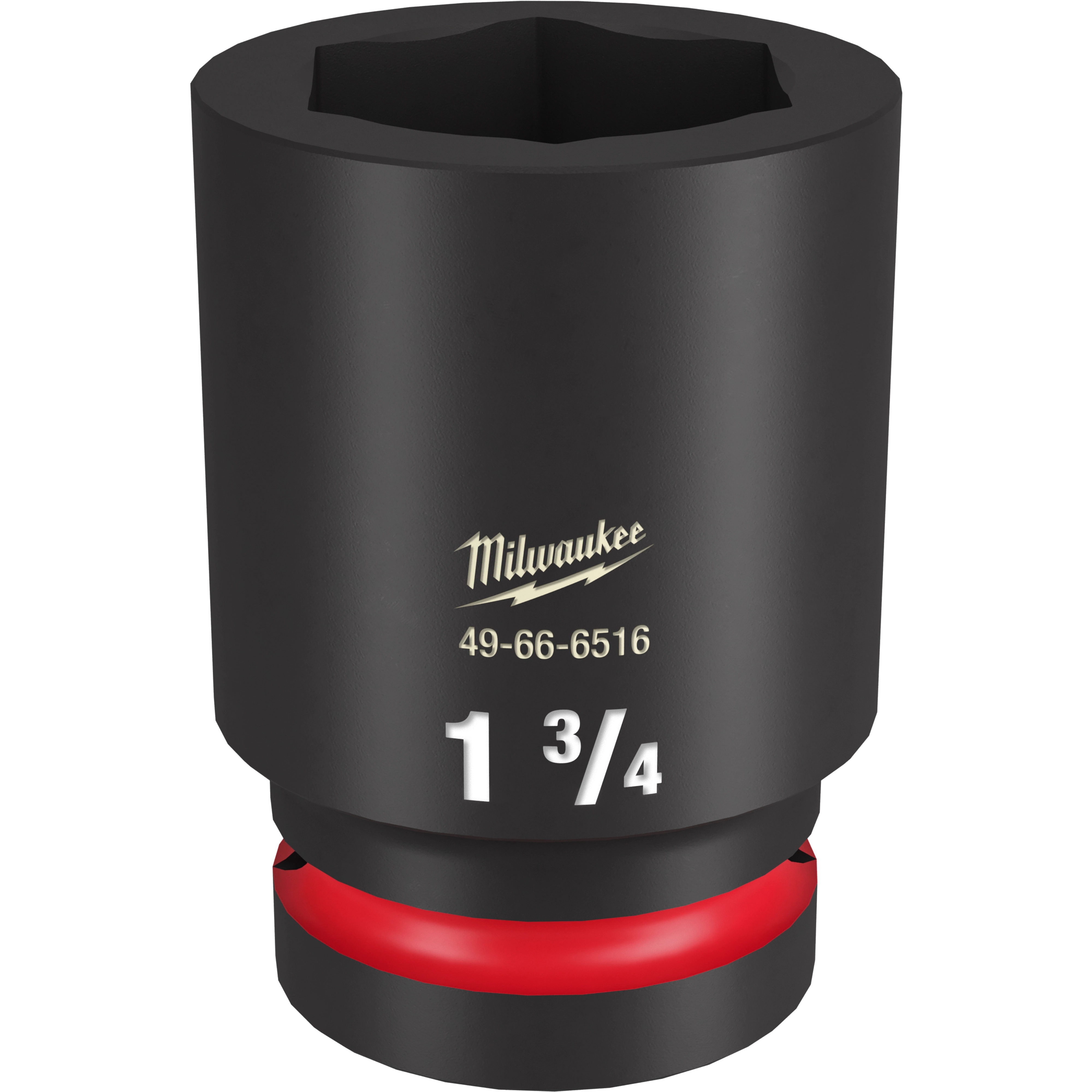 The image shows a Milwaukee 1%22%20DR%201-3%2F4%20DEEP%20IMPACT%20SOCKET. The socket is black with a red ring near the base, marked with the model number 49-66-6516 and the size 1 3/4 in white text.