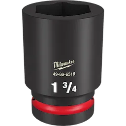 The image shows a Milwaukee 1%22%20DR%201-3%2F4%20DEEP%20IMPACT%20SOCKET. The socket is black with a red ring near the base, marked with the model number 49-66-6516 and the size 1 3/4 in white text.