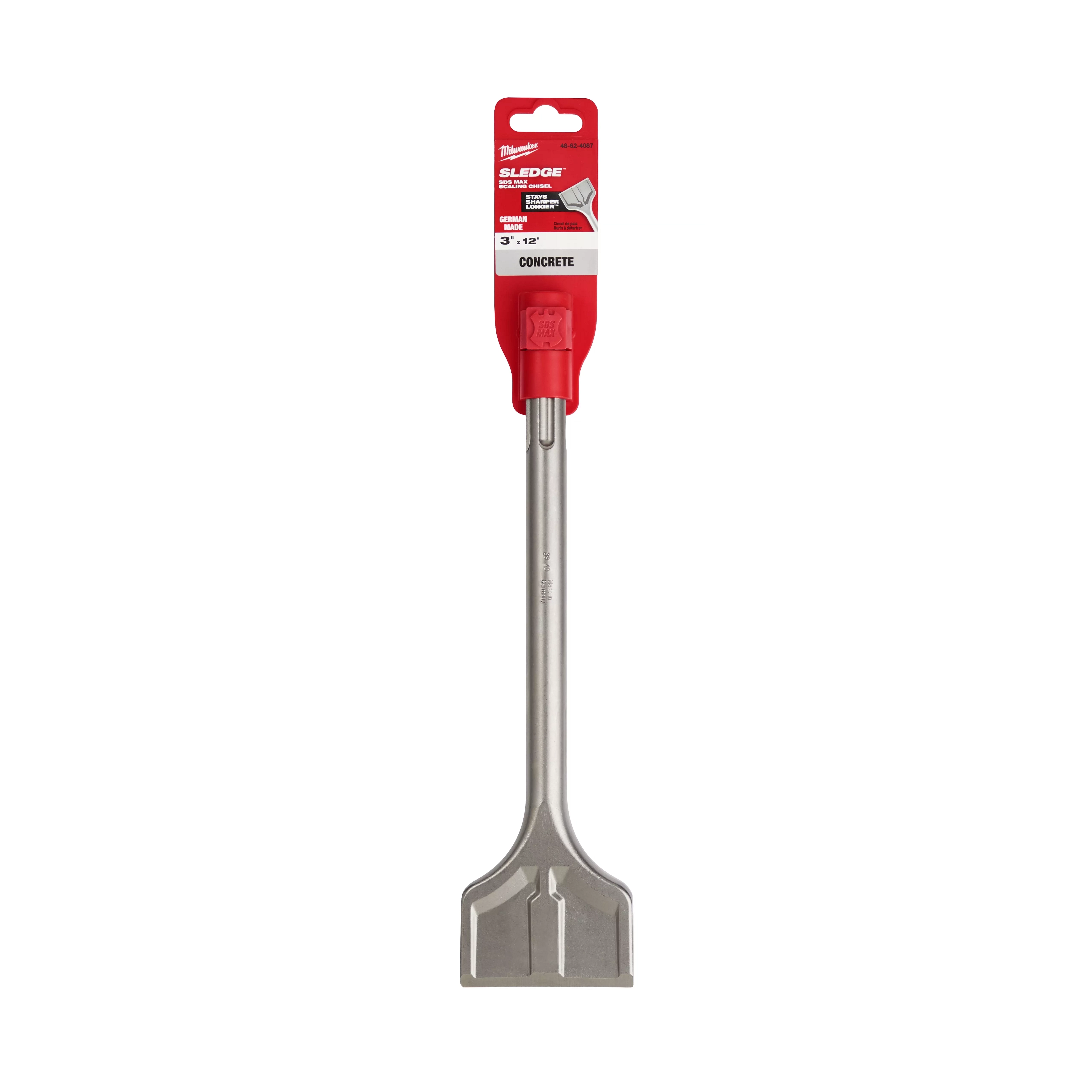 SDS-MAX SLEDGE 3-inch Scaling Chisel with a red and silver design, ideal for use on concrete surfaces and heavy-duty applications.