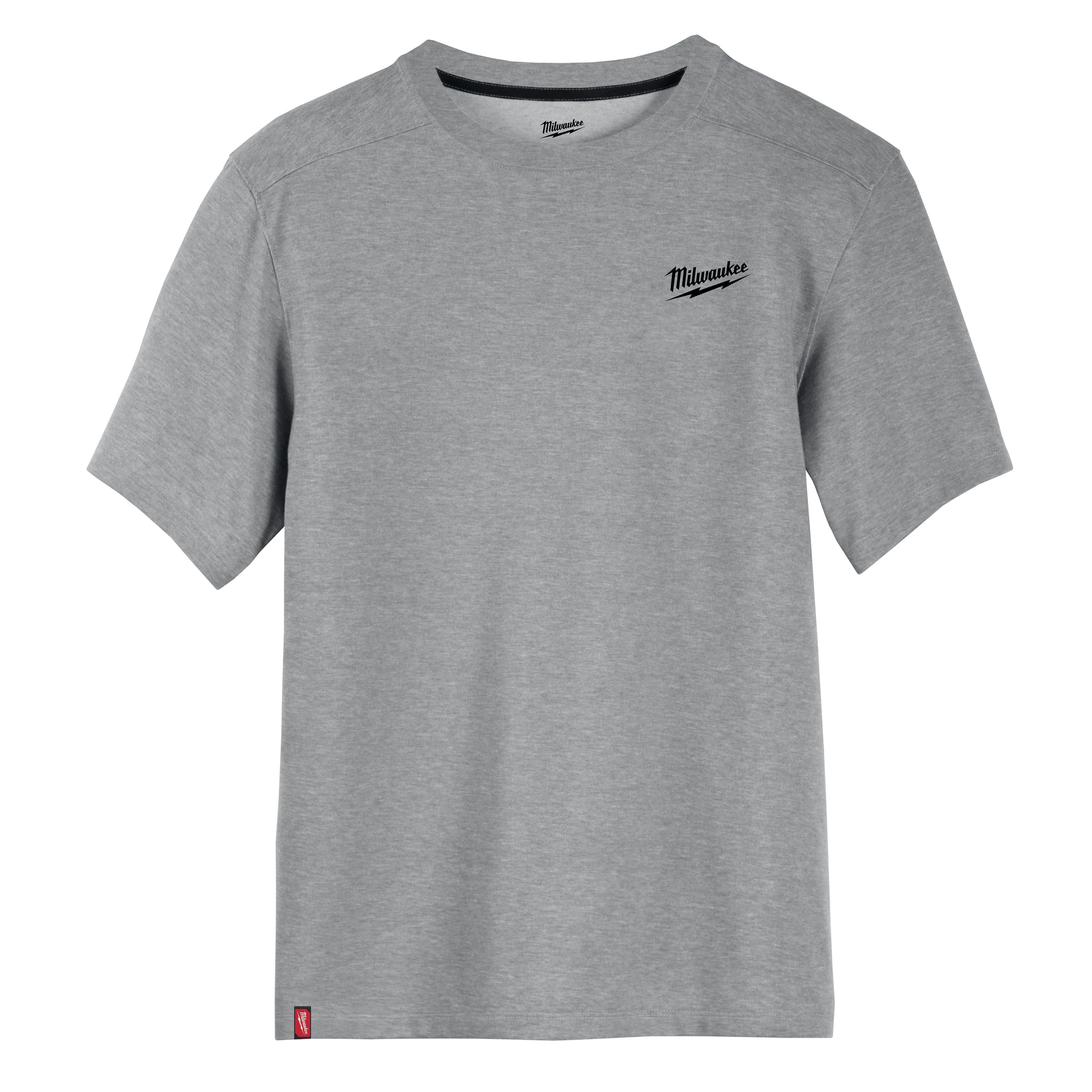 Gray short-sleeve Milwaukee work shirt. FREEFLEX Hybrid Work Tee with Milwaukee logo on the front left chest.