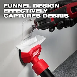 AIR-TIP Compact Dust Collector connected to a power tool, capturing debris from a wall with text "Funnel Design Effectively Captures Debris".