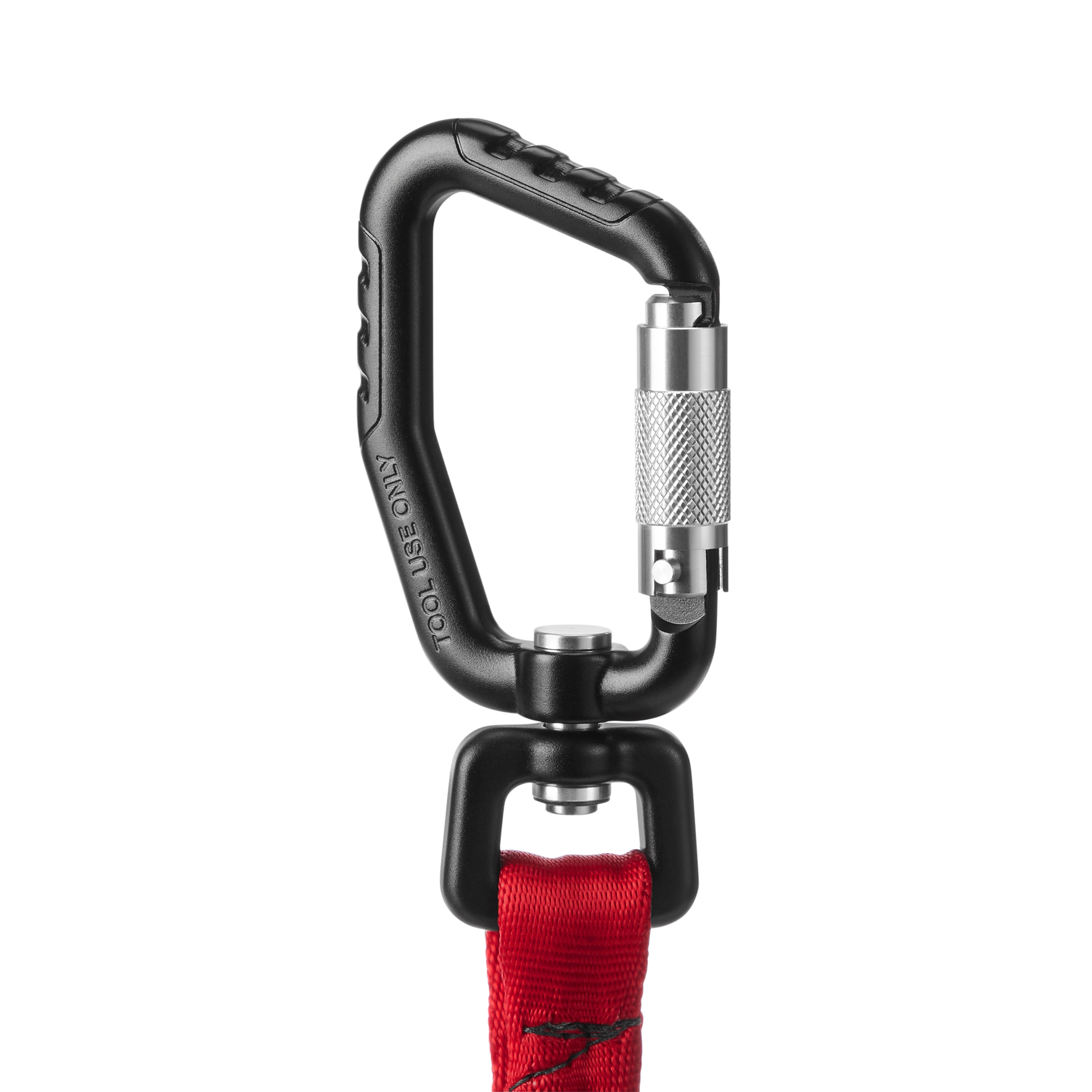 10 LB 20 LB Quick-Connect Locking Tool Lanyard with black locking carabiner and red strap designed for securing tools.