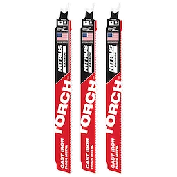 Three 9" 8 TPI TORCH™ with NITRUS™ Carbide SAWZALL® Blades for Cast Iron, shown in packaging. The blades are designed for thick metal cutting and have a red and white design with American flags printed on them. Pack contains three blades.