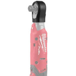 The M12 FUEL™ ½” Ratchet Protective Boot is displayed on a red ratchet tool. The durable, flexible rubber boot covers the tool's head to protect against impact and wear. The Milwaukee branding and logo are visible on the handle. The boot fits snugly over the ratchet to ensure longevity.