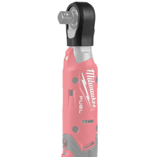 The M12 FUEL™ ½” Ratchet Protective Boot is displayed on a red ratchet tool. The durable, flexible rubber boot covers the tool's head to protect against impact and wear. The Milwaukee branding and logo are visible on the handle. The boot fits snugly over the ratchet to ensure longevity.