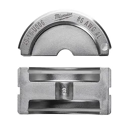 The image shows a metallic #6 Aluminum U Style Die from Milwaukee, with a semi-circular upper piece and a rectangular lower piece. The upper piece is labeled 49-16-U006 and #6 AWG AL. The lower piece has a central screw and two slits.