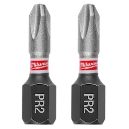 This image shows two SHOCKWAVE™ 1" Impact Duty Reduced Diameter Phillips #2 Drywall Insert Bits (2 PK). The bits are black with "PR2" labeled on them and have a metal tip with a red and white band featuring the Milwaukee logo.