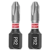 This image shows two SHOCKWAVE™ 1" Impact Duty Reduced Diameter Phillips #2 Drywall Insert Bits (2 PK). The bits are black with "PR2" labeled on them and have a metal tip with a red and white band featuring the Milwaukee logo.