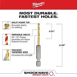 The SHOCKWAVE 7/64 in. Titanium Twist Drill Bit features a split point tip for accurate starts, a variable helix for faster material removal, and a thicker tapered web for increased bit strength. The drill bit measures 2.56 inches in length with a 0.91-inch fluted section.