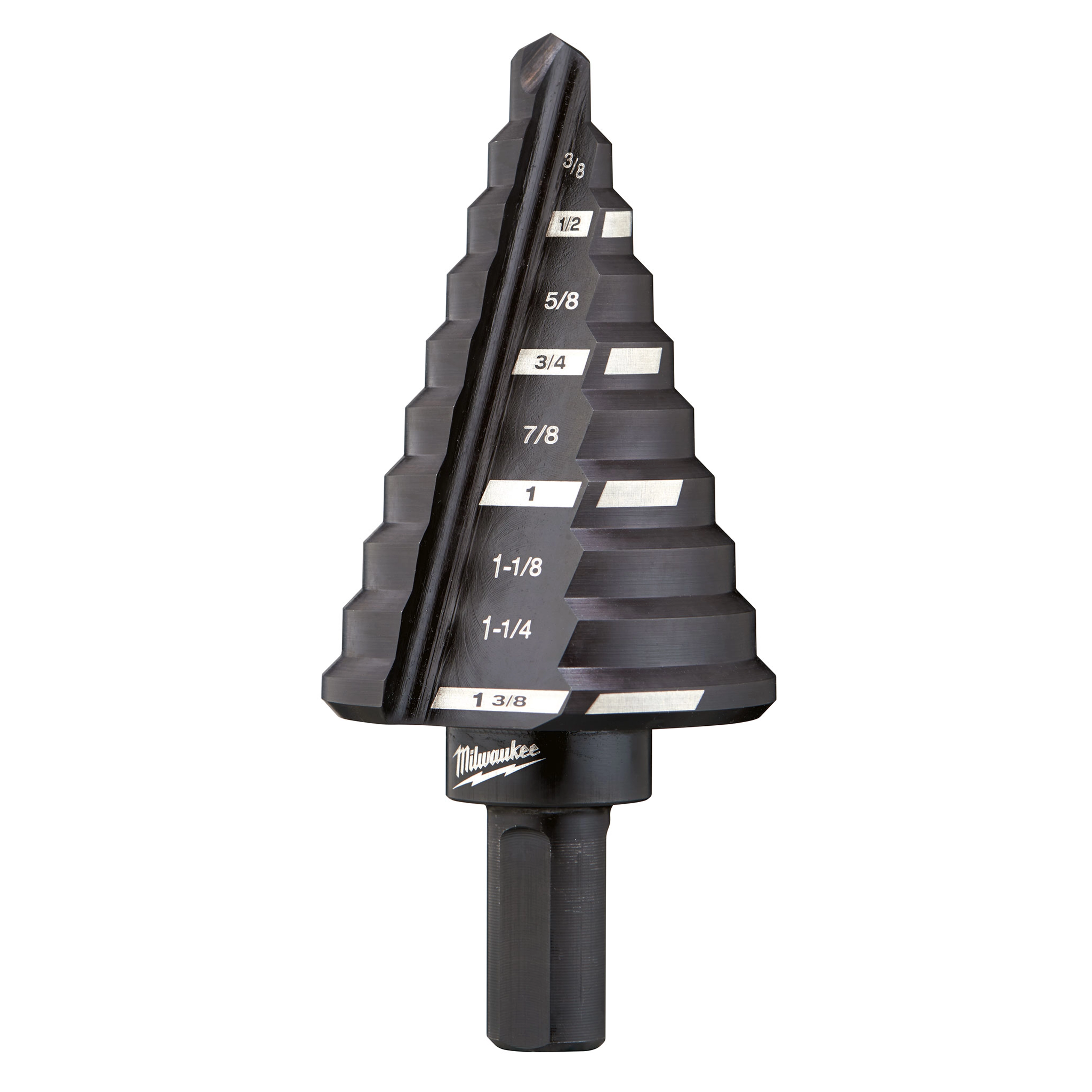 The #5 Step Drill Bit features a conical design with 13 marked increments from 3/8 to 1-3/8 inches. It is used for drilling precise holes in metal and plastic. The bit is labeled with the brand name under the cutting surface and has a black finish.