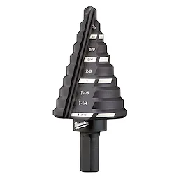 The #5 Step Drill Bit features a conical design with 13 marked increments from 3/8 to 1-3/8 inches. It is used for drilling precise holes in metal and plastic. The bit is labeled with the brand name under the cutting surface and has a black finish.