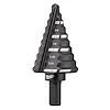 The #5 Step Drill Bit features a conical design with 13 marked increments from 3/8 to 1-3/8 inches. It is used for drilling precise holes in metal and plastic. The bit is labeled with the brand name under the cutting surface and has a black finish.