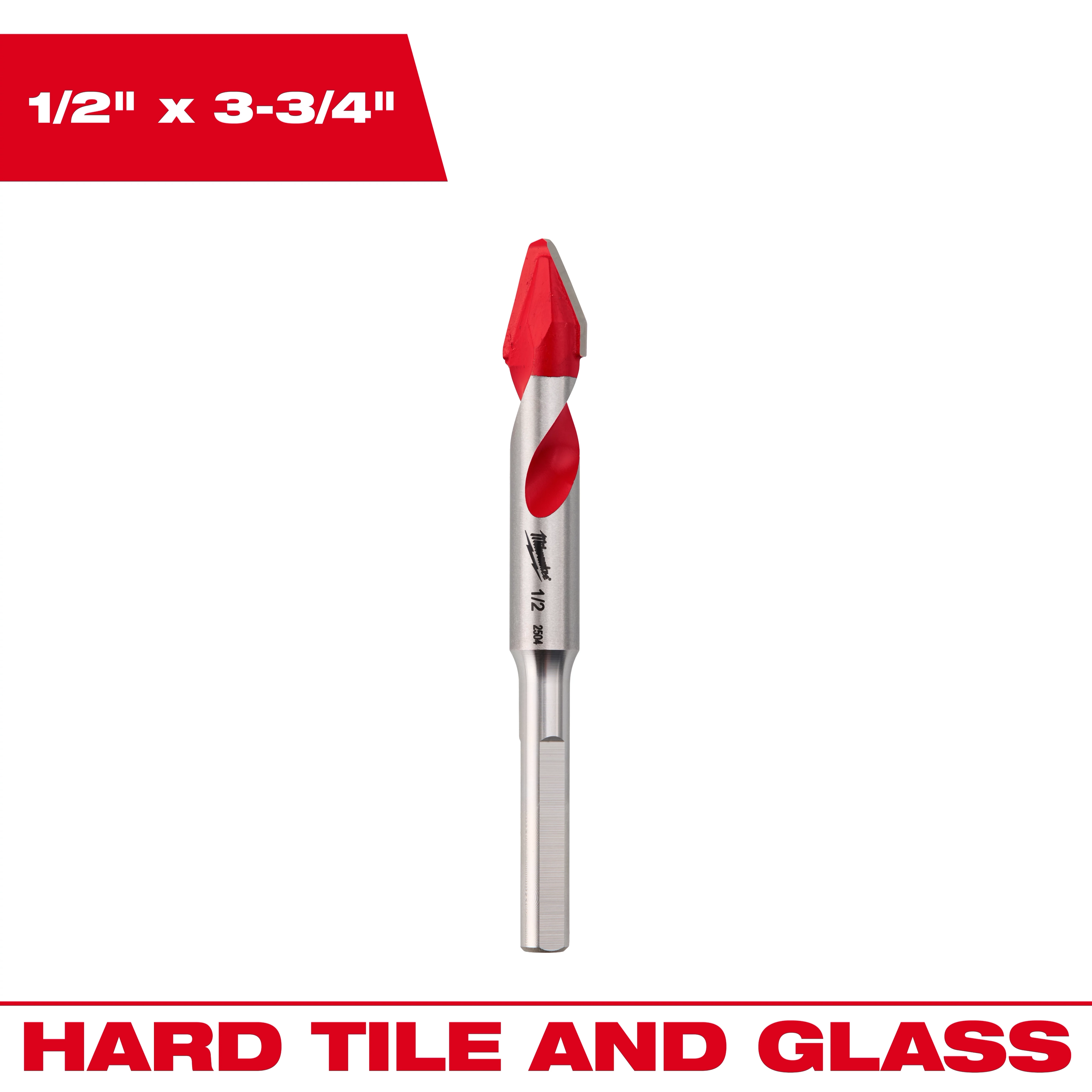 1/2" Hard Tile and Glass Bit with red tip and spiral accent centered on a white background.