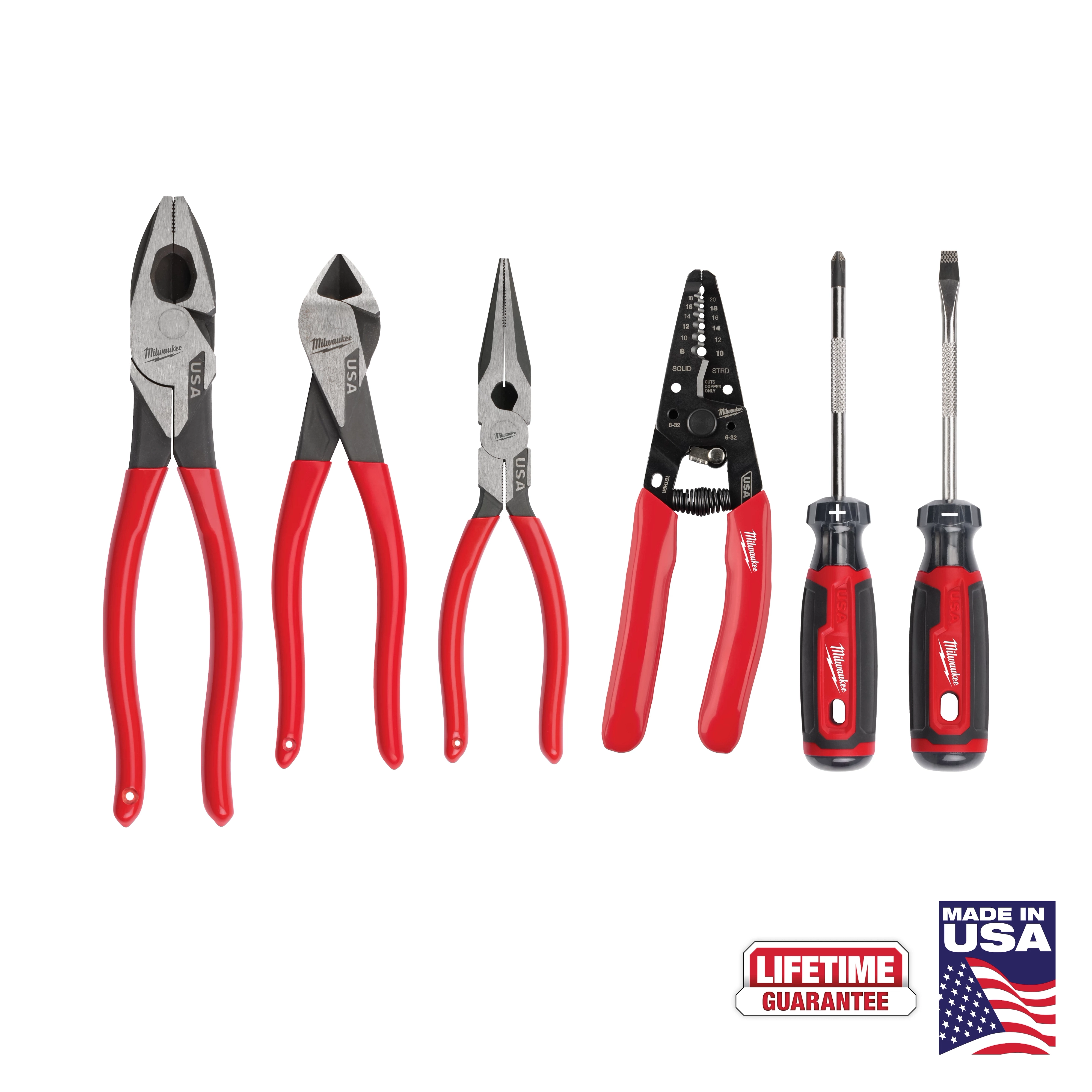 6 PC. Dipped Grip Cutting Pliers, Wire Stripper, & Cushion Grip Screwdrivers Set (USA) featuring red-handled tools and USA-made labeling.