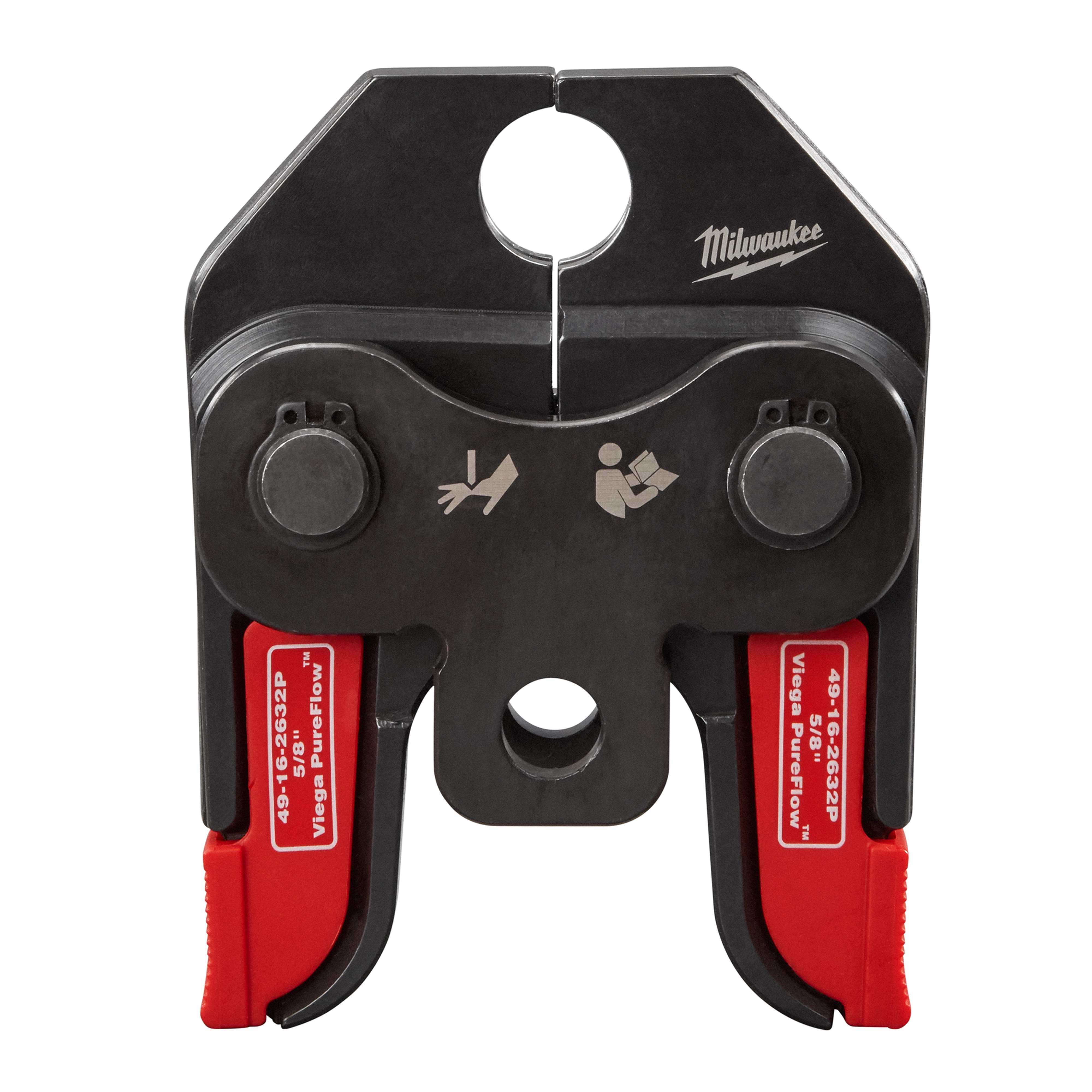 The image shows the M18™ Short Throw Press Tool with Viega PureFlow™ Jaws. The tool is black with red gripping components and displays safety icons and the manufacturer's logo.