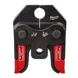 The image shows the M18™ Short Throw Press Tool with Viega PureFlow™ Jaws. The tool is black with red gripping components and displays safety icons and the manufacturer's logo.