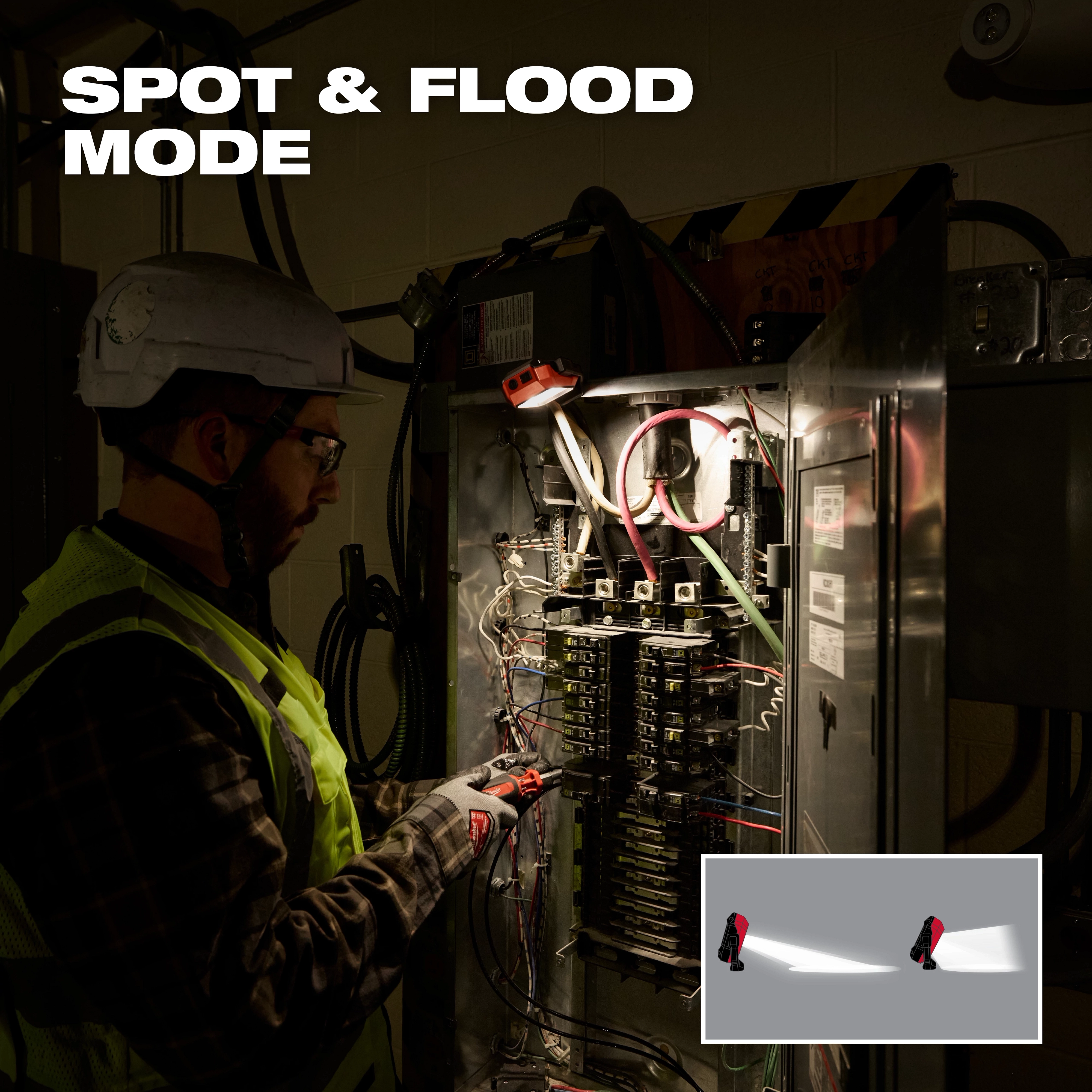 Worker using Milwaukee Rechargeable Pivoting Task Light w/ Spot Mode to illuminate an open electrical panel.