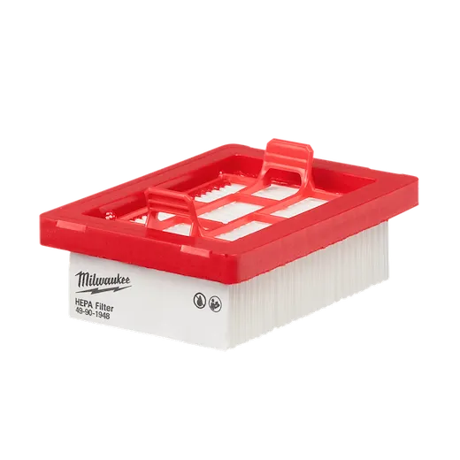 Red and white rectangular Milwaukee HEPA Filter 49-90-1948 with handles on top. The filter has pleated paper material and is designed to trap fine particles. The Milwaukee logo and other symbols are printed on the side, indicating usage and safety information.