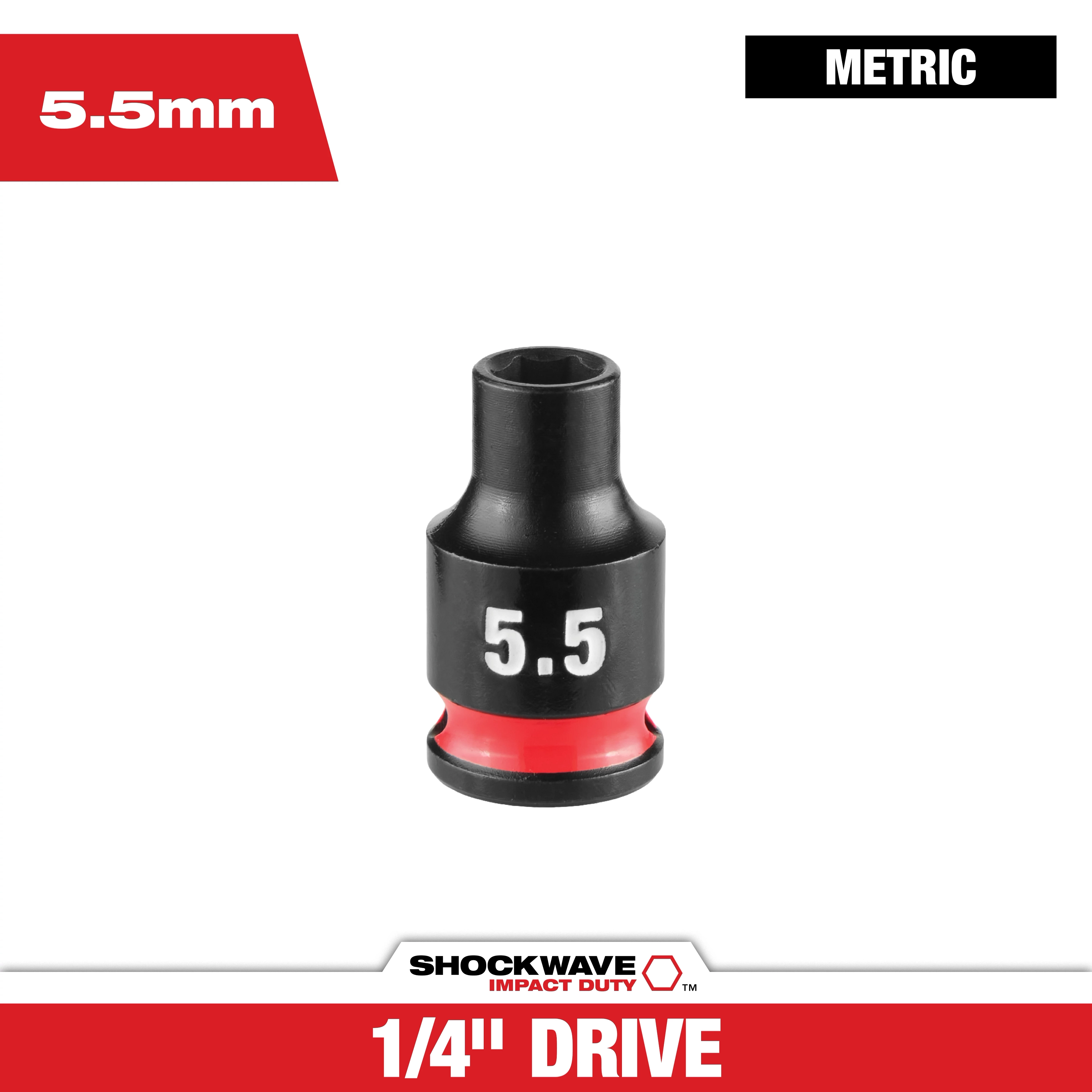 SHOCKWAVE Impact Duty 1/4" Drive 5.5MM Standard 6 Point Socket centered on a white background with red accents
