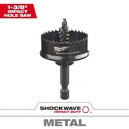 49-56-9830 Primary Image- 1-3/8" Impact SHOCKWAVE Hole Saw featuring black metal design with integrated arbor for cutting through metal.