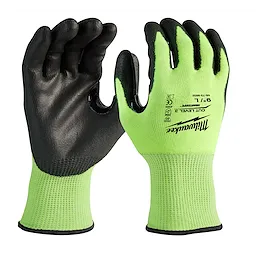 Hi Vis Cut Gloves with black palms and green, high-visibility fabric. Manufacturer's logo and cut level 3 marking on the back.