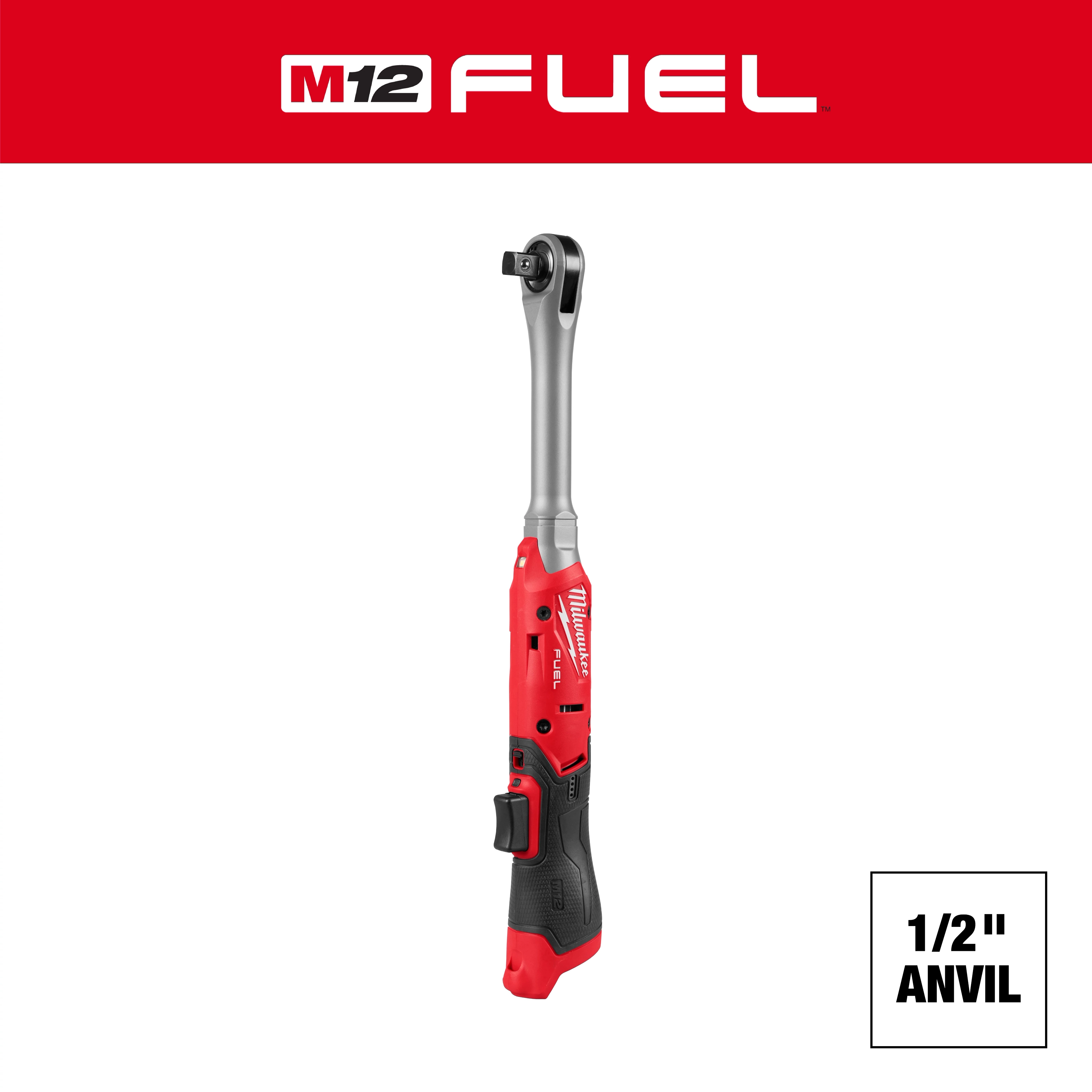 Milwaukee 3055-20 M12 FUEL 1/2 in. Extended Reach Ratchet clean product view showing the long neck and compact head for tight automotive and equipment service work