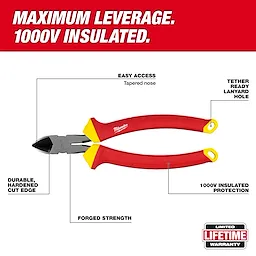 1000V Insulated 8" Diagonal Cutting Pliers with 1000V insulated protection, durable hardened cut edge, tapered nose, and lanyard hole.