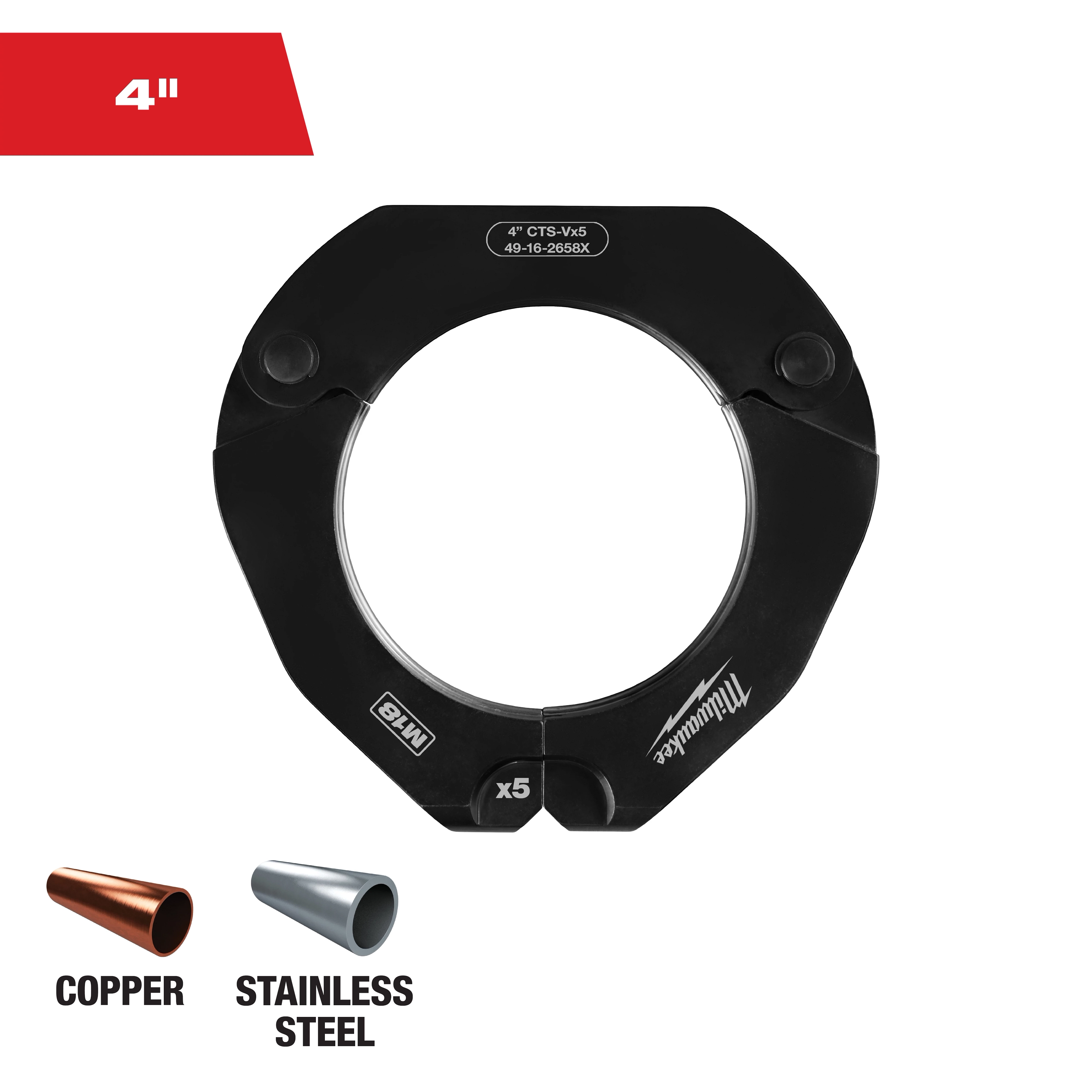 The image shows a Milwaukee 4-inch black circular tool with a central hole, likely a pipe cutter, labeled "4" CTS-VI55" and "49-16-2656X." Below the tool, there are icons of copper and stainless-steel pipes, indicating compatibility with these materials.