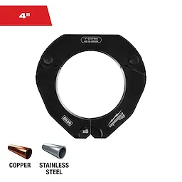 The image shows a Milwaukee 4-inch black circular tool with a central hole, likely a pipe cutter, labeled "4" CTS-VI55" and "49-16-2656X." Below the tool, there are icons of copper and stainless-steel pipes, indicating compatibility with these materials.