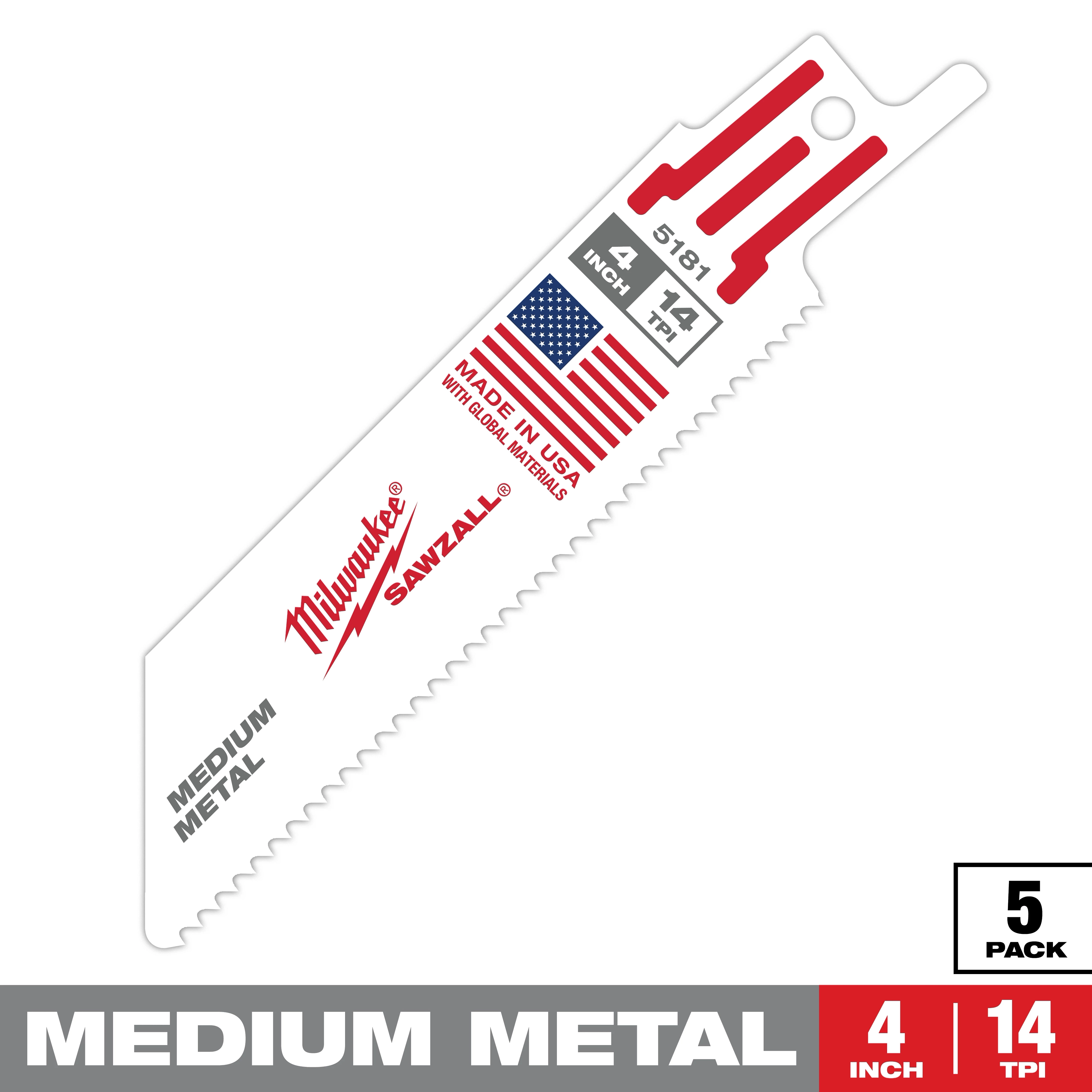 Milwaukee Sawzall medium metal blade designed for cutting medium thickness metal. Features include a 4-inch length, 14 teeth per inch, Made in USA label, and patriotic graphics. Comes in a pack of 5. Suitable for use with Milwaukee tools for efficient metal cutting.
