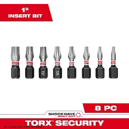 The image shows the SHOCKWAVE™ 1" TORX® Security Insert Bit Set - 8PC. The bits are arranged in a row and have silver tops with black bases. The packaging highlights "1" INSERT BIT", "8 PC", and "TORX™ SECURITY" in red text on a white background.