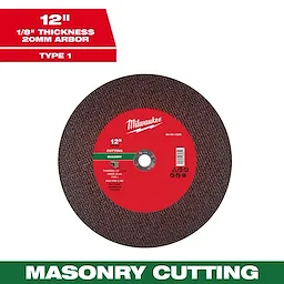 12" x 1/8" x 20mm Masonry Cut Off Wheel - Type 1 for masonry cutting with 1/8" thickness and 20mm arbor size, red center.