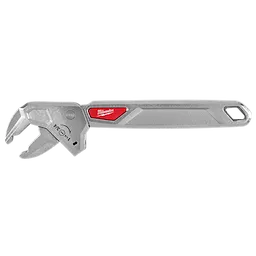 10" Ratcheting Adjustable Wrench with a metal body, open jaw, and long handle featuring a red accent near the head.